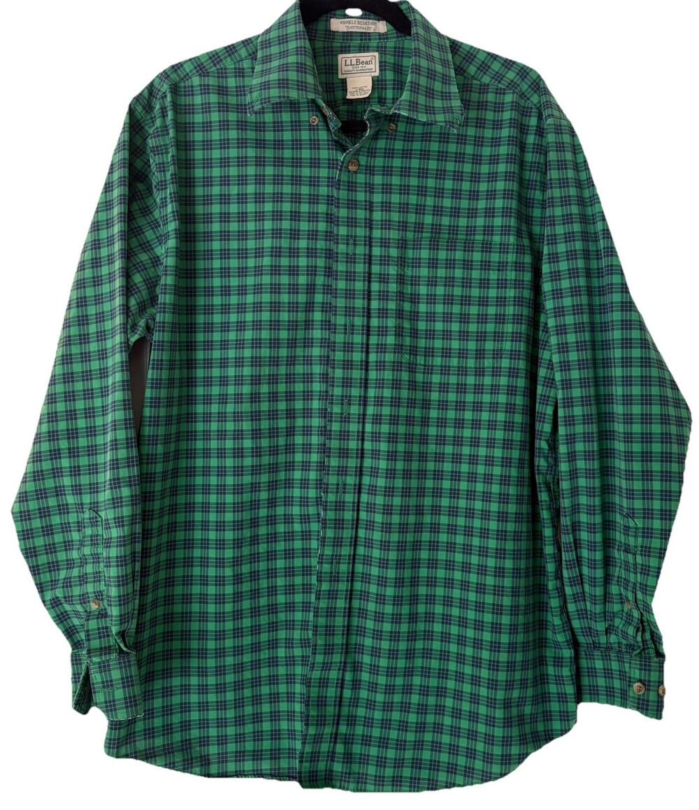 LL Bean Men L Green Navy Plaid Traditional Fit Wrinkle Resist Button Shirt